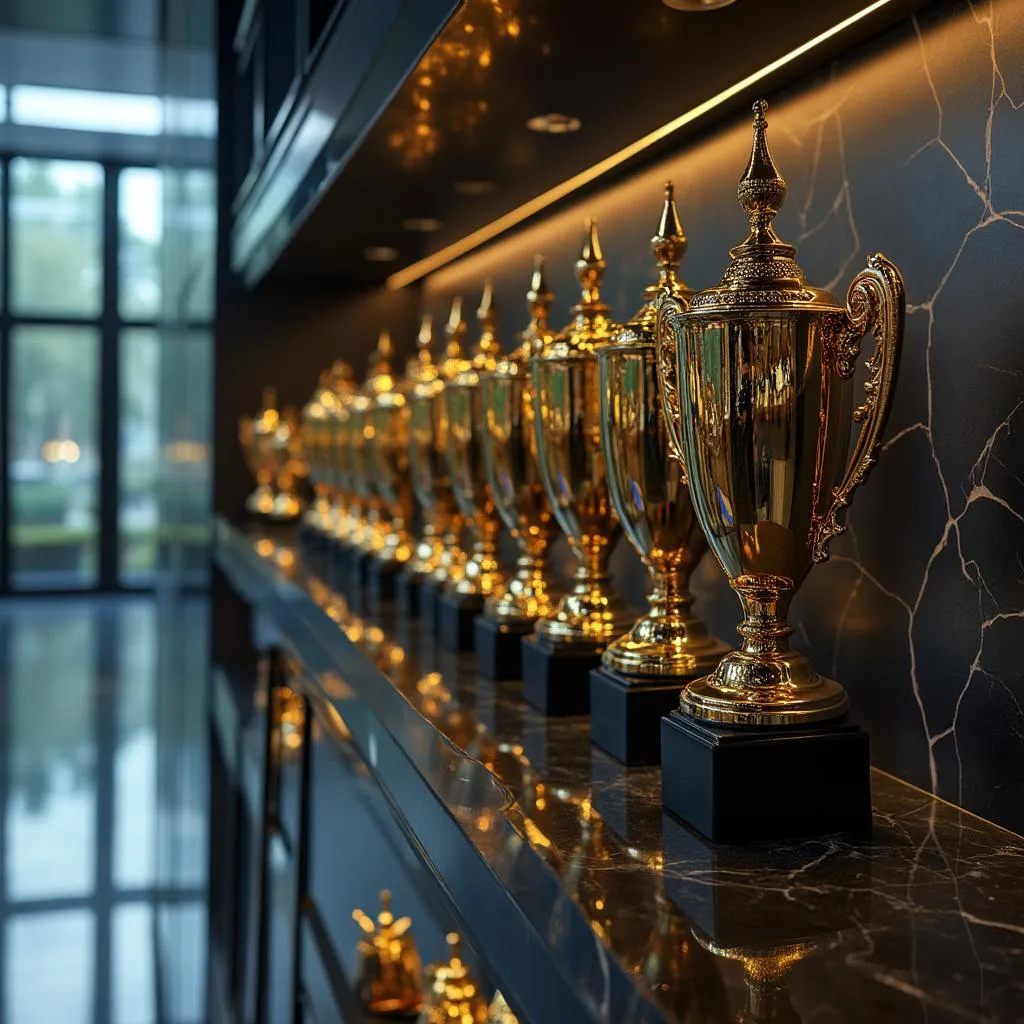 Ceny a trofeje vystavené na poličke